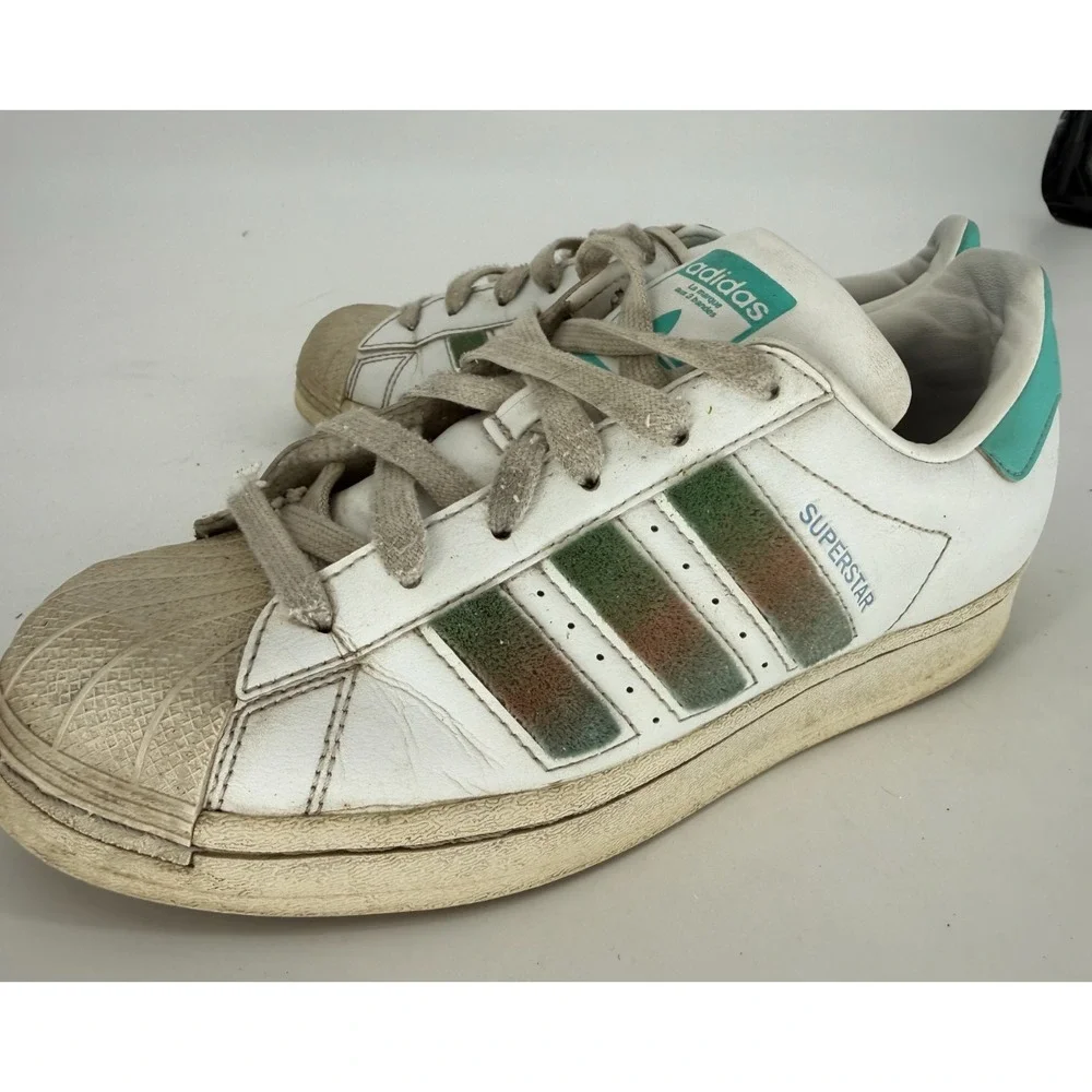 Adidas Superstar White Green Velour Stripe Shell Toe Sneakers Youth 6.5Y Classic